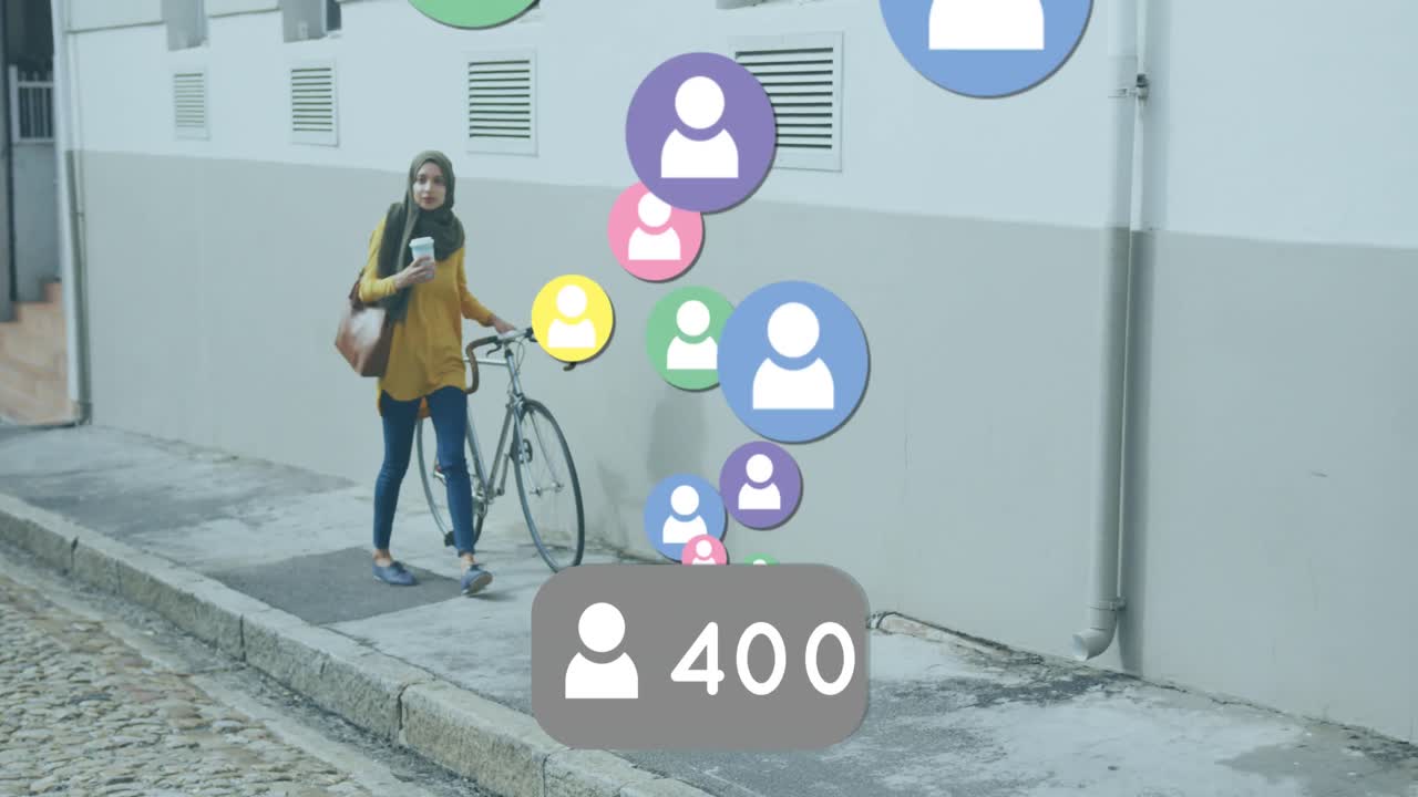 animación de iconos de personas coloridas con una mujer en hijab rodando una bicicleta en la calle