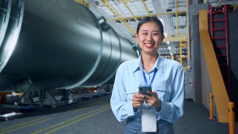 una mujer de negocios asiática usando un teléfono móvil y sonriendo a la cámara en una fábrica de fabricación de tubos