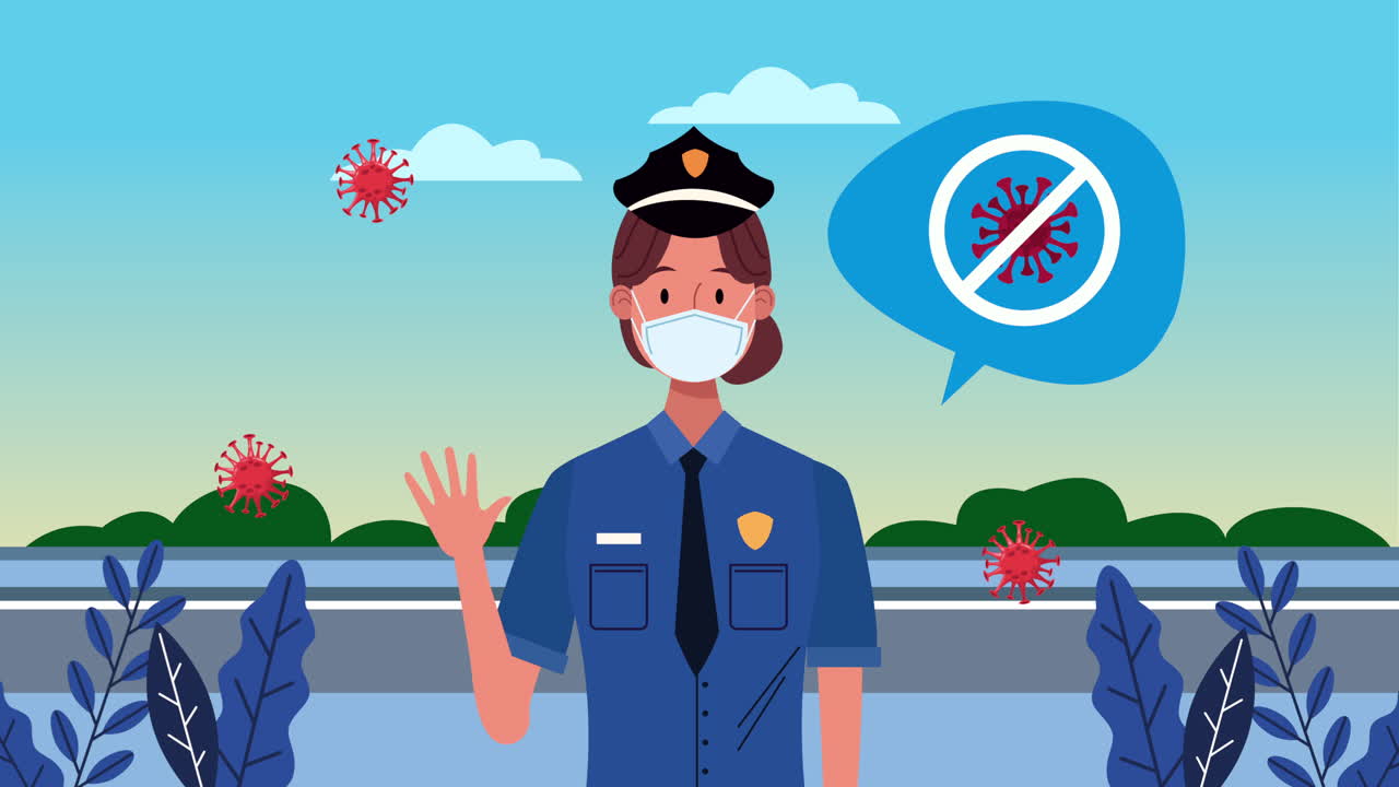 여성 경찰이 코로나19 신호 캠페인을 중단합니다.