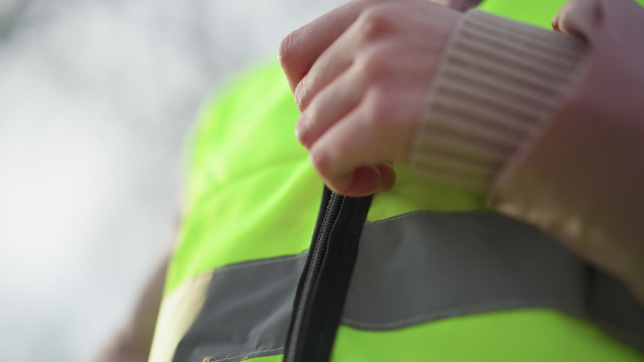 Close-up view of person in pink jacket zipping bright neon reflective safety vest outdoors during daytime, hand gripping zipper, grey reflective stripe visible, symbolizing preparation for work or safety activity