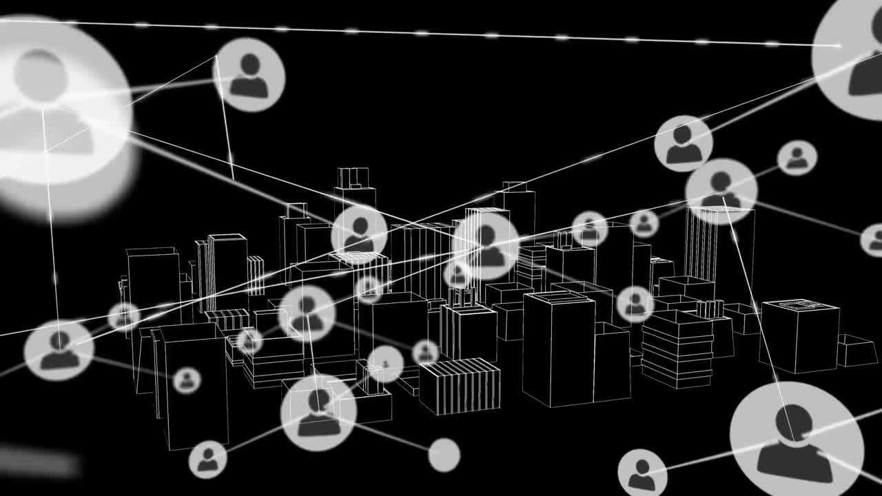 animación de la red de conexiones con iconos sobre el dibujo de la ciudad en 3d sobre fondo negro