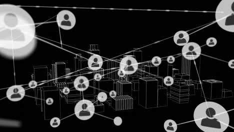 animation of network of connections with icons over 3d city drawing on black background