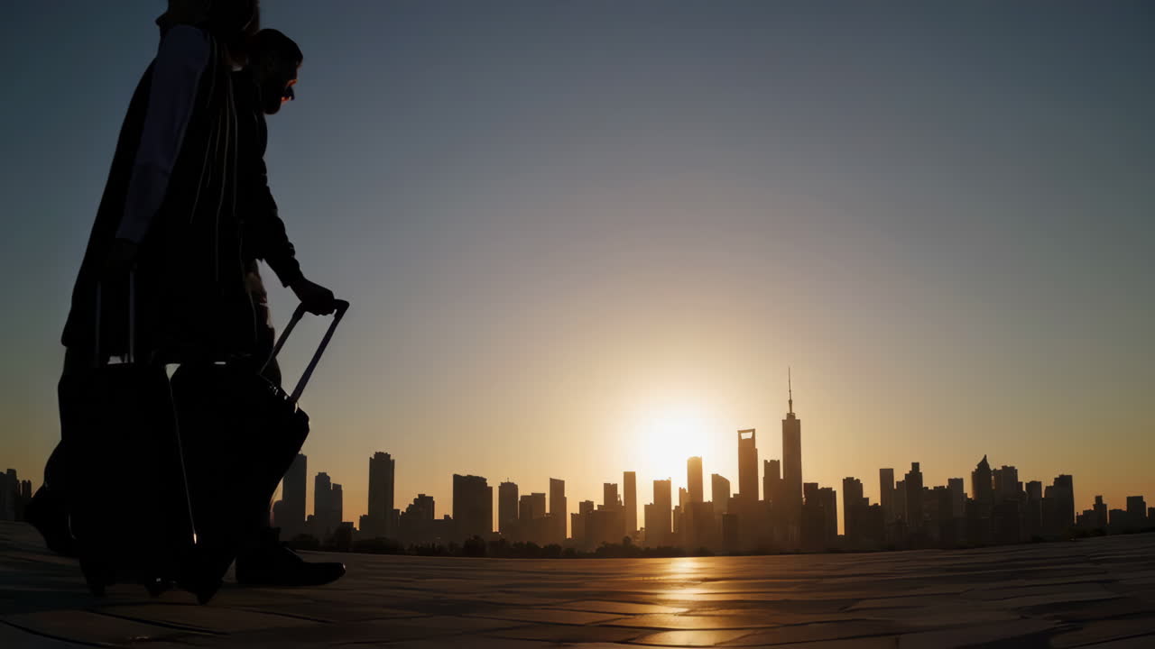 해가 뜨는 도시를 걸어다니는 비즈니스 여행자