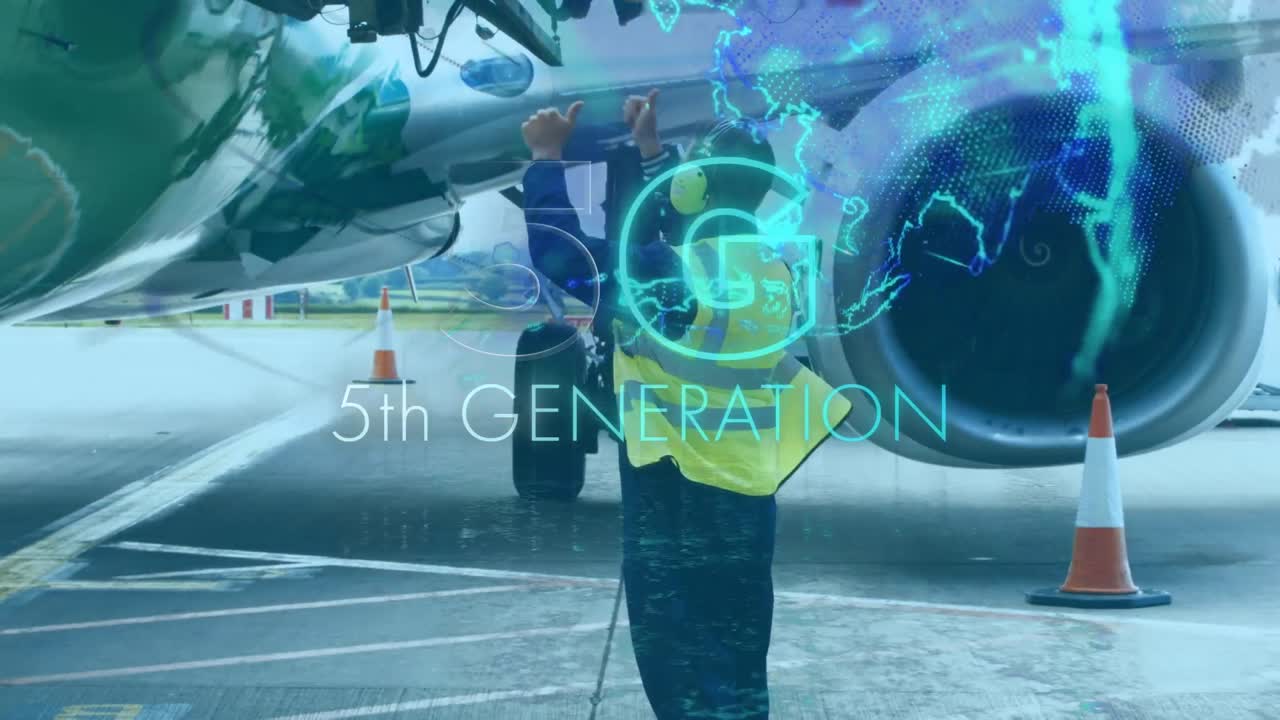 디지털 인터페이스의 비디오와 비행기 위의 5g 텍스트