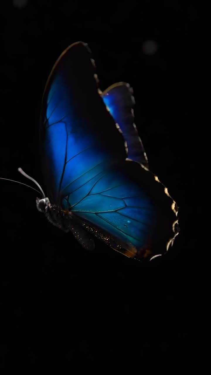 Nahaufnahme-Video eines leuchtend blauen Schmetterlingsflügels vor dunklem Hintergrund, Seitenansicht