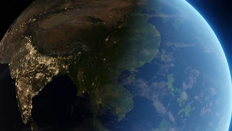 3d animation showing asia from space during the transition from day to night