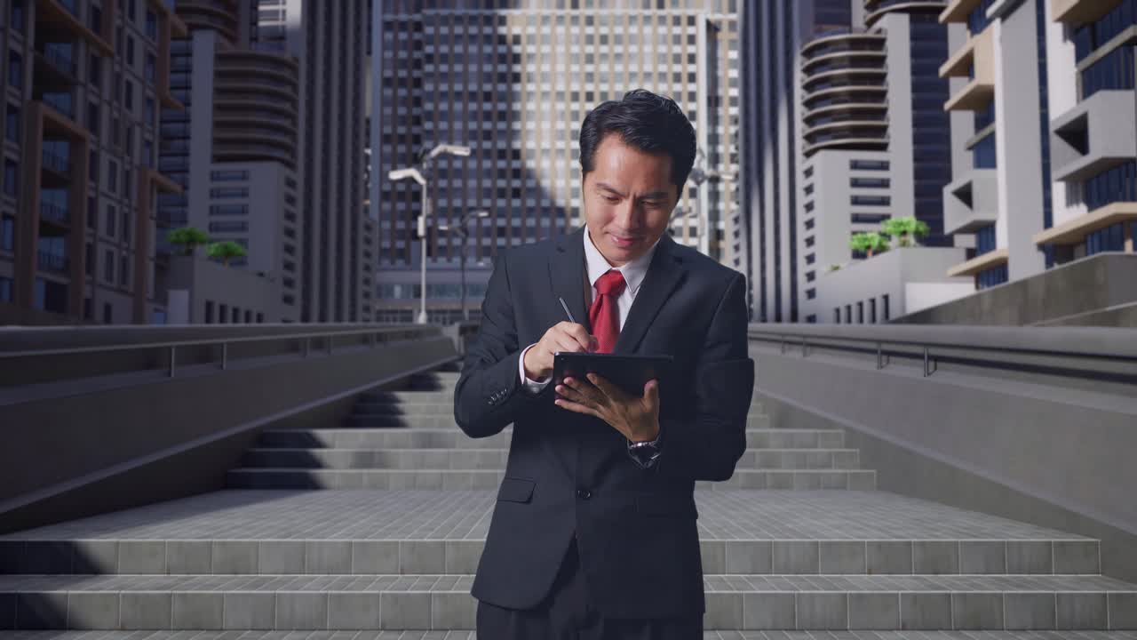 hombre de negocios usando una tableta en las escaleras de la ciudad