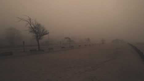 Rückwärtsbewegung,-Wegziehen-Von-Einem-Gruseligen,-Nebelbedeckten-Strand