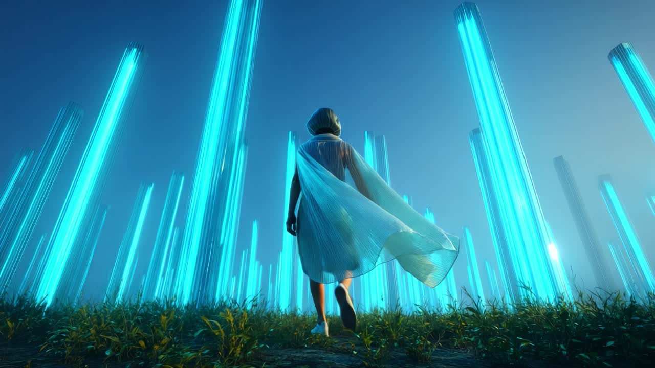 Woman walking through a field of blue lights