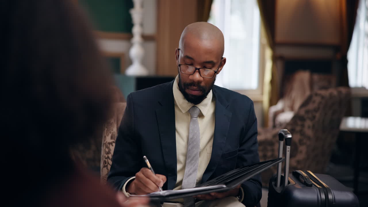 Business meeting in a hotel lobby