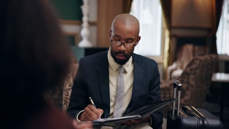 business meeting in a hotel lobby