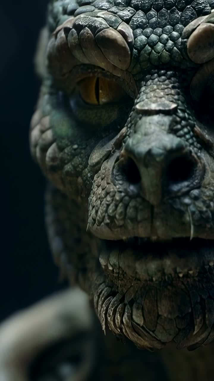 Vertical video: Opening reptile head responding to camera move in studio, showing yellow slit eye