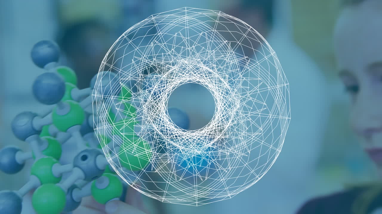 forma circular abstracta girando contra la niña que sostiene el modelo de estructura molecular en el laboratorio