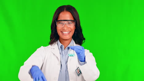ciencia, mujer y mezcla química con verde