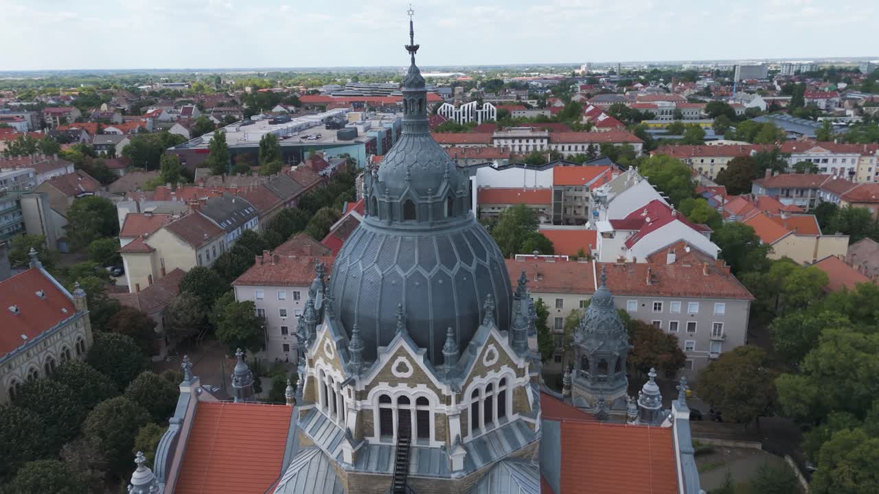 Aerial highlighting the ornate dome of Szeged Synagogue, emphasizing historic craftsmanship and design