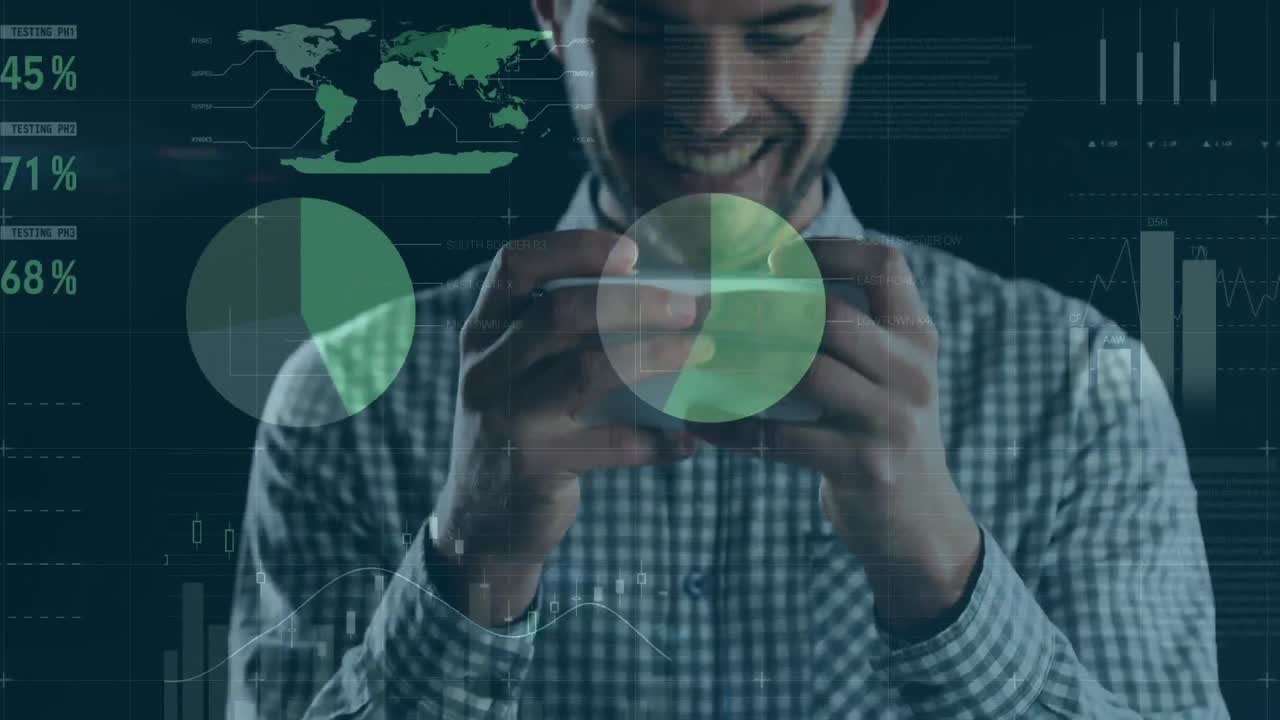 animación de estadísticas y procesamiento de datos financieros sobre el hombre utilizando teléfonos inteligentes