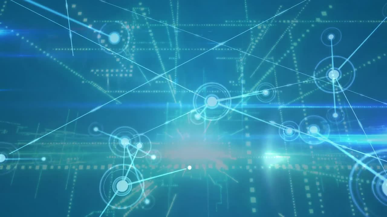 Animation of network of connections over 3d construction on blue background