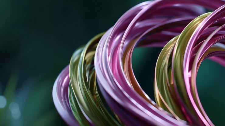 Vibrant ribbons swirl with motion and grace. Soft focus highlights their fluid, elegant movement. Purples and greens blend in a dreamlike dance. Background fades into blurred natural tones