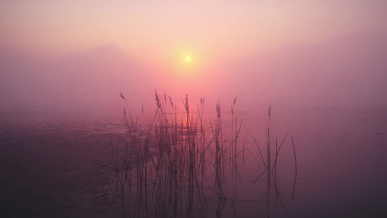 Ascending pale sun casting golden reflection over calm lake at dawn, with drifting mist, reeds