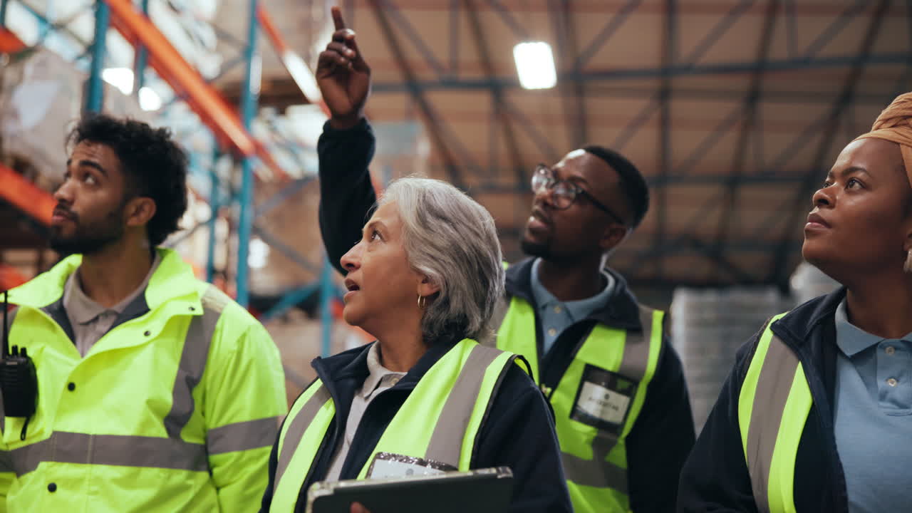 Diverse Warehouse Team Discussing and Inspecting Inventory