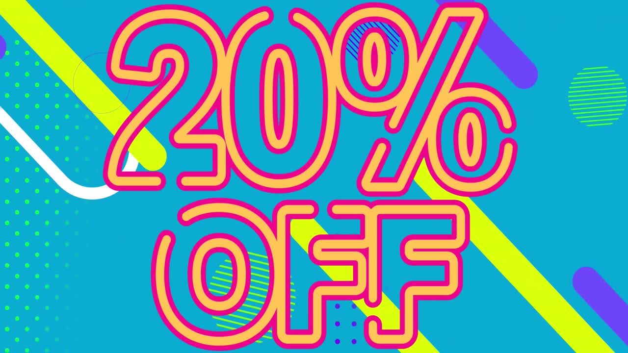 animación de 20 por ciento de texto sobre una burbuja de habla contra formas abstractas en fondo azul