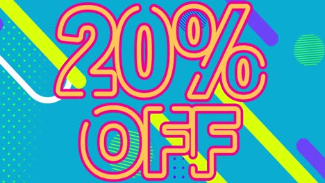 animation of 20 percent off text over a speech bubble against abstract shapes on blue background