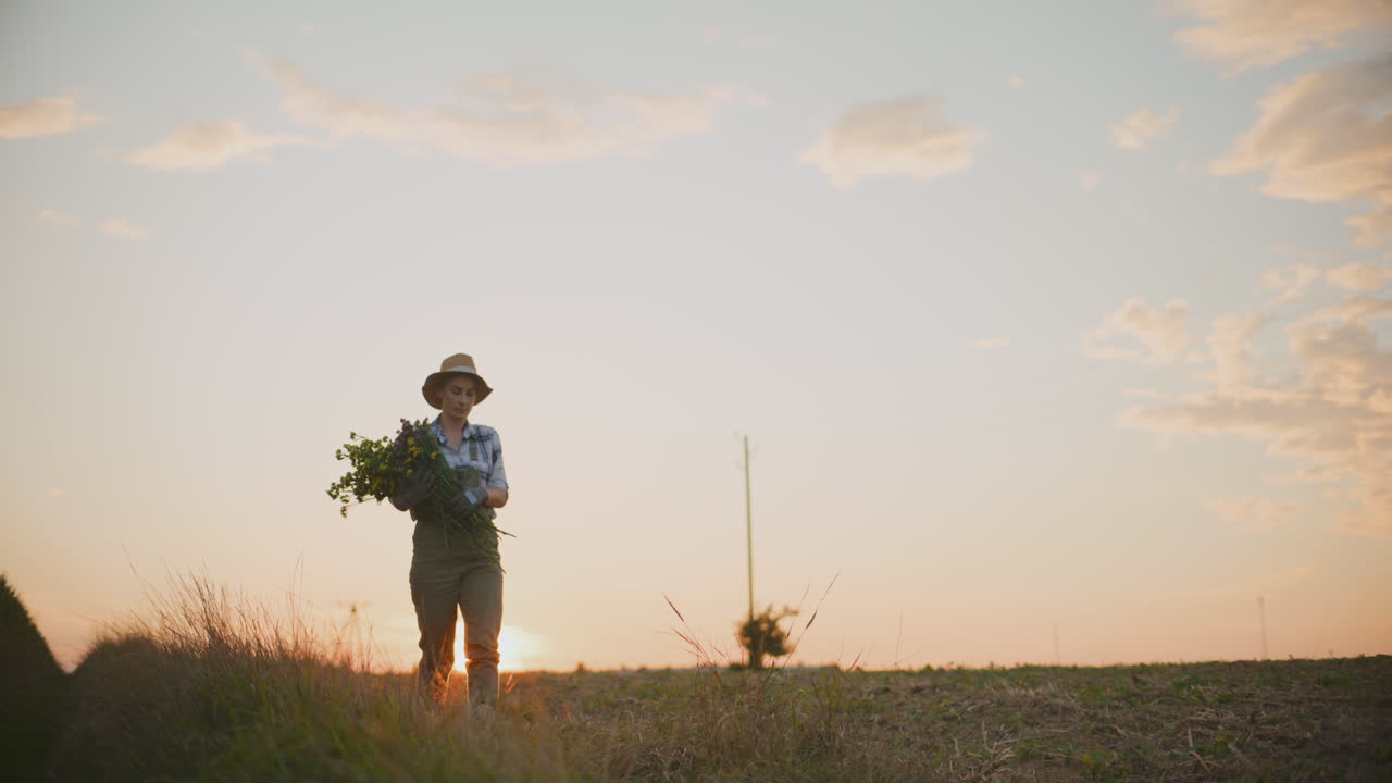 Mulher Agricultora Caminhando pelo Campo ao Pôr do Sol com Buquê de Flores
