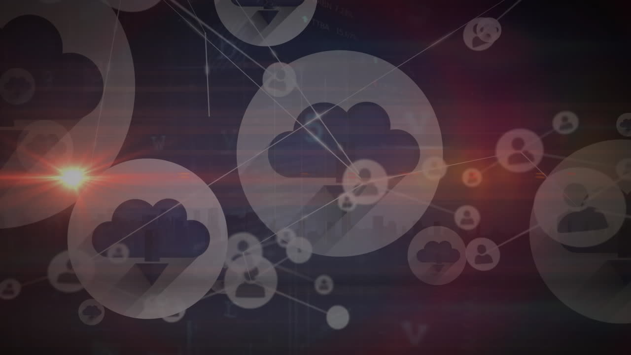 아이콘과 데이터 처리를 통해 도시 풍경에 대한 연결 네트워크의 애니메이션