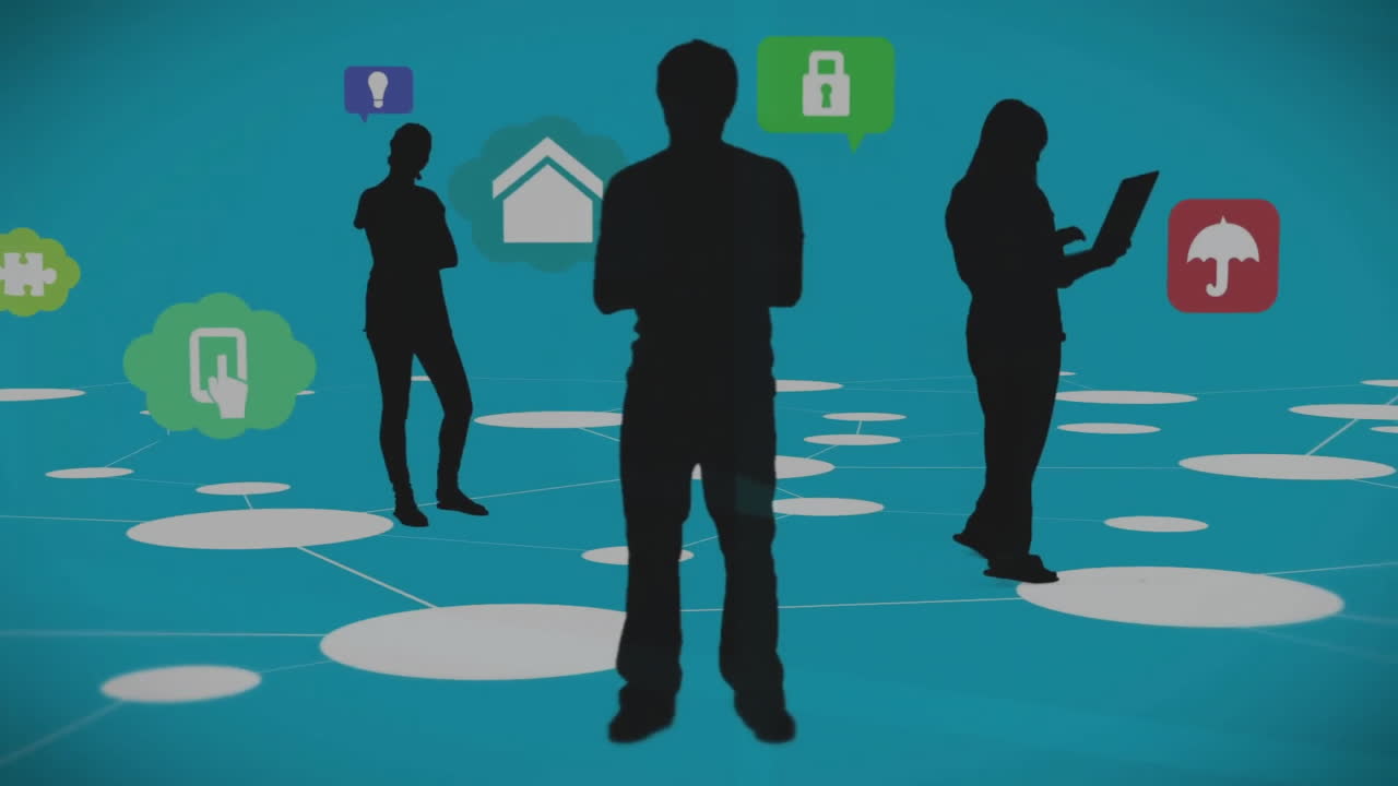 파란색 배경 위에 디지털 보안 아이콘 애니메이션으로 실루 된 사람들