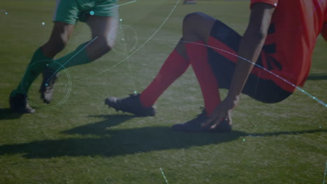 animación de la red de conexiones sobre jugadores de fútbol que practican en el campo de fútbol