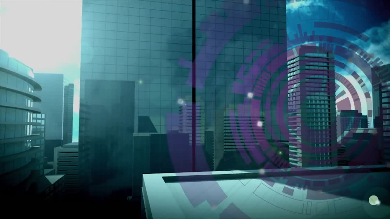 도시 풍경 위의 데이터 처리 애니메이션