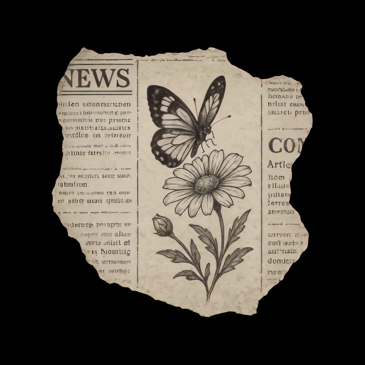 Vintage butterfly floral newspaper art animation isolated asset, transparent 4K video, alpha