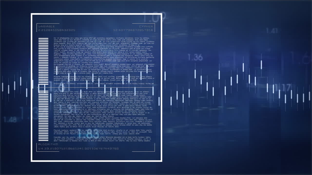 Animation of fluctuating graphs and algorithm text on blue background for digital data