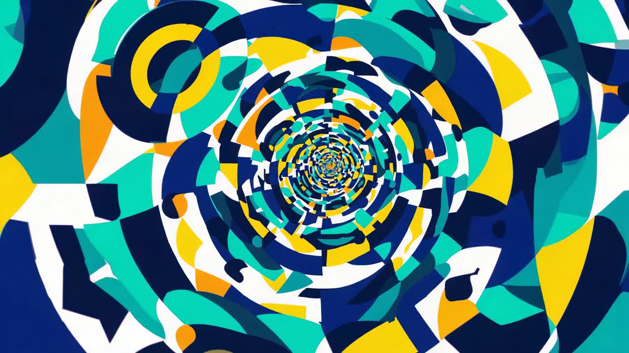 Animazione di un tunnel a spirale astratto che ruota e zooma su un'area di lavoro digitale, con frammenti stratificati