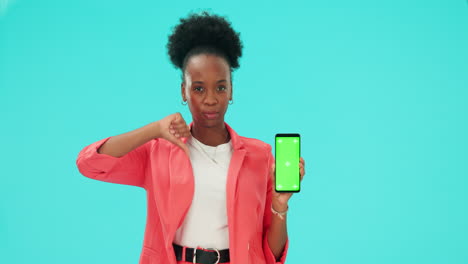 Thumbs-down,-phone-and-black-woman-on-green-screen