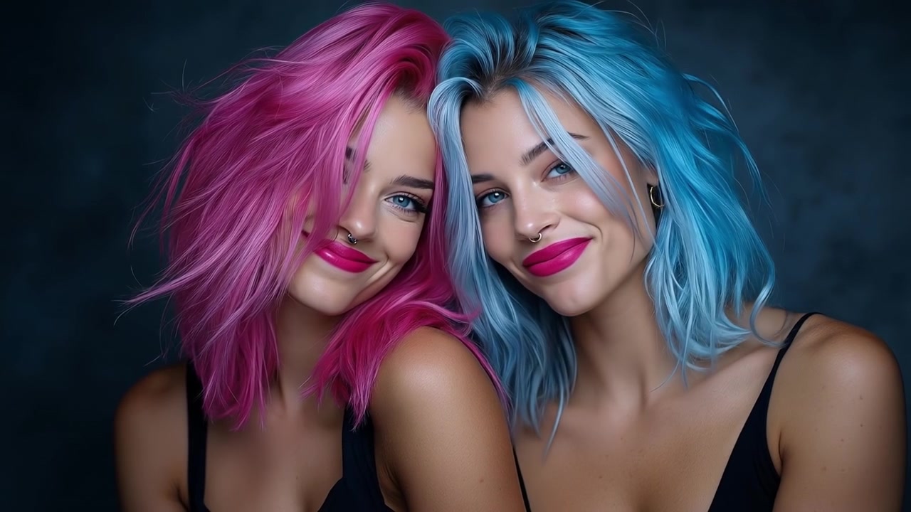 Due donne con capelli colorati rosa e blu che posano insieme su uno sfondo scuro.