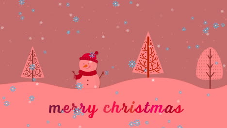 Animación-De-Texto-De-Feliz-Navidad-Y-Nieve-Cayendo-Sobre-Muñeco-De-Nieve-En-Un-Paisaje-Invernal