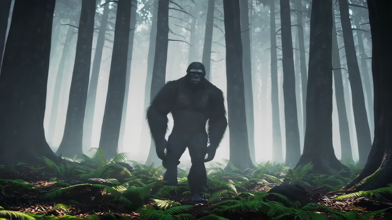 Bigfoot in a Foggy Forest
