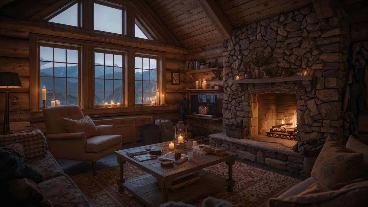 Brennende peis av stein og flakkende lys fra stearinlys som sprer et varmt lys i fjellhyttas stue i skumringen