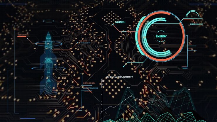 Digital animation of data processing over microprocessor connections on black background