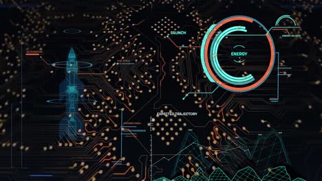 digital animation of data processing over microprocessor connections on black background