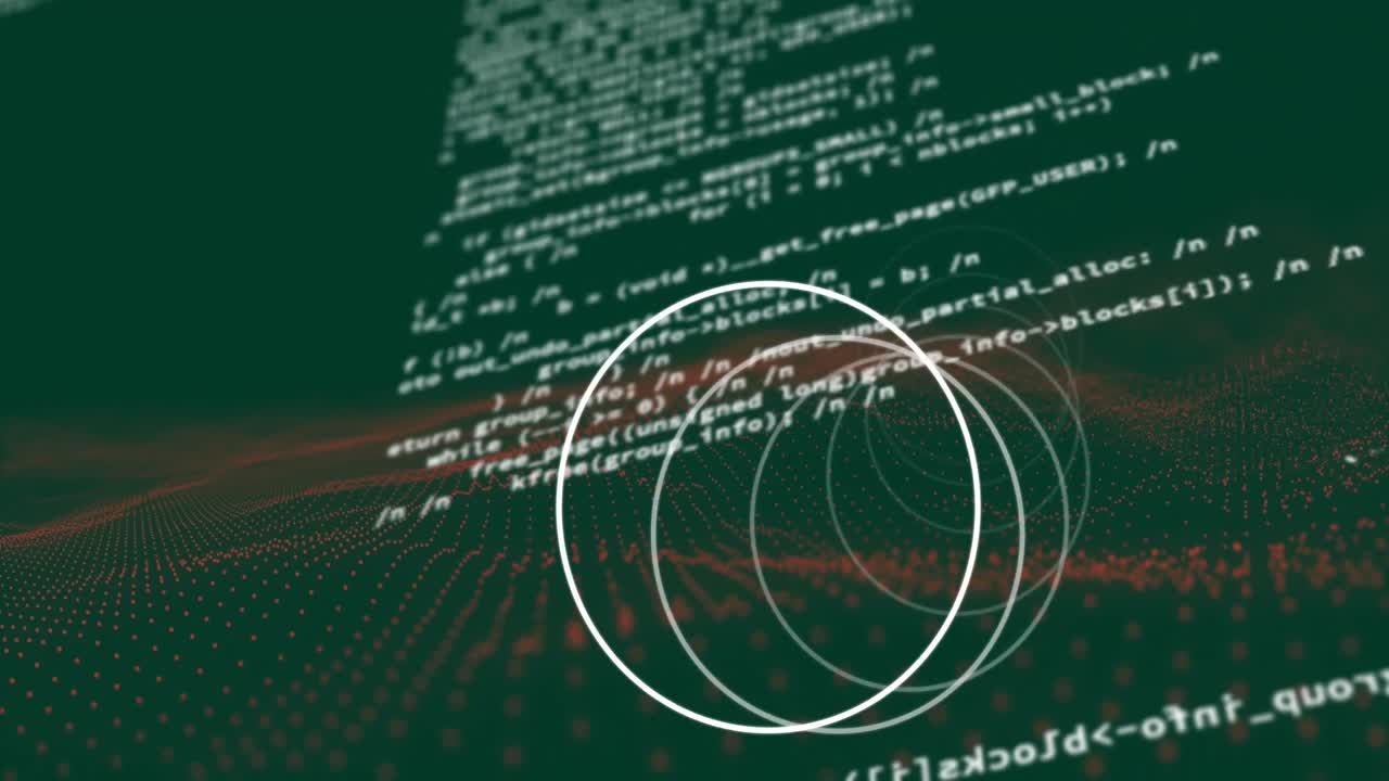 Animation of data processing and white circles spinning on green background