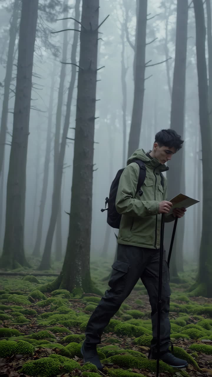 Hiker navigating through a foggy, moss-covered forest with a map