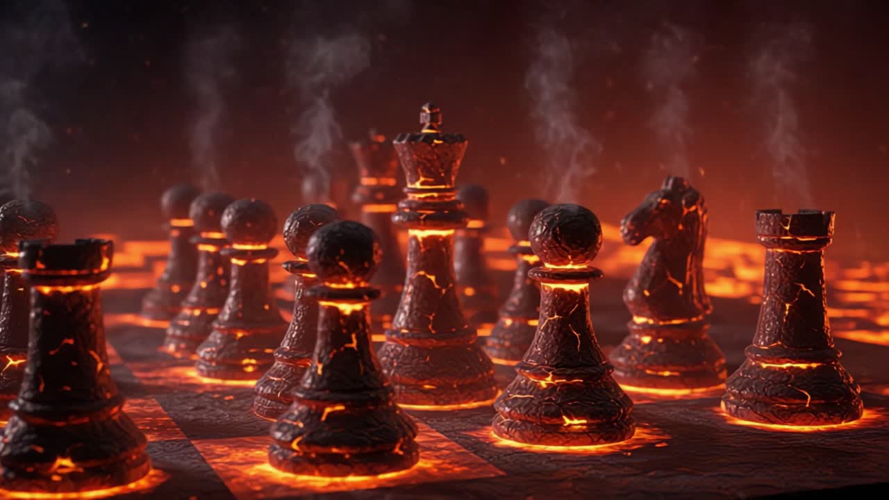 An Epic Battle of the Ages: A Fiery Chessboard Surrounded by Lava, Where Strategy Meets Elemental Fury in a Stunning Display of Imagination and Artistry