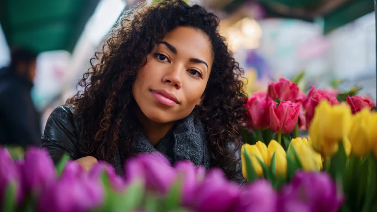 A woman enjoys the vibrant colors and beauty of a flower market, surrounded by a stunning display of tulips in various hues, capturing the essence of spring and floral joy in a lively atmosphere