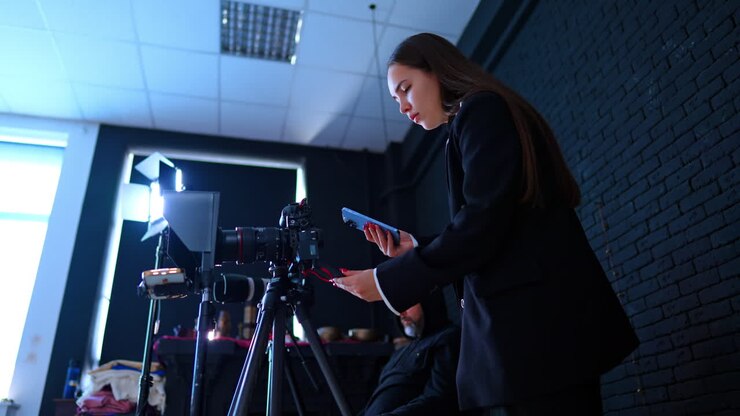 Membro femminile della troupe che usa lo smartphone sul set di produzione. Donna in giacca nera in piedi vicino a una telecamera professionale e a un membro della troupe in uno studio buio.