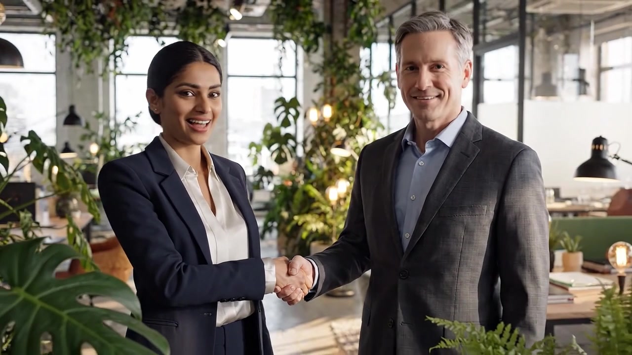 Professional Handshake and Conversation Between Business Partners in a Lush, Green Office Environment, Symbolizing Collaboration and Growth Opportunities
