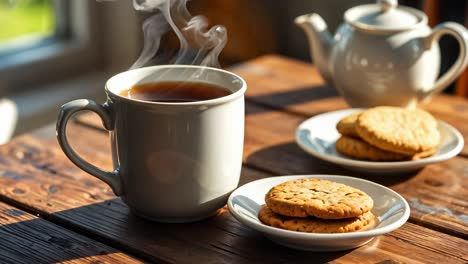 warm tea and biscuits on a wooden table