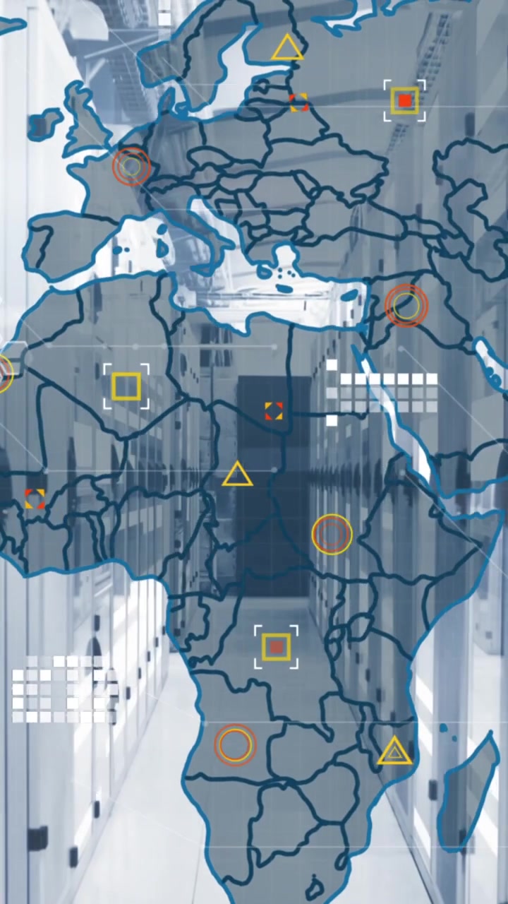 Animation of circuit board pattern and map over server room in background