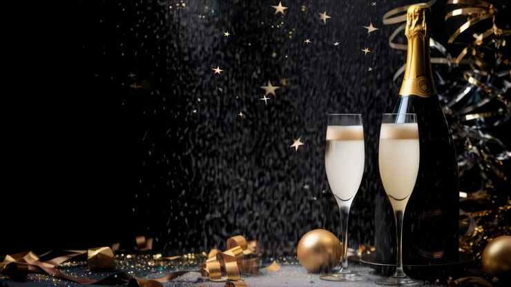 Escena elegante de celebración con champán y copas, tomada desde un ángulo lateral
